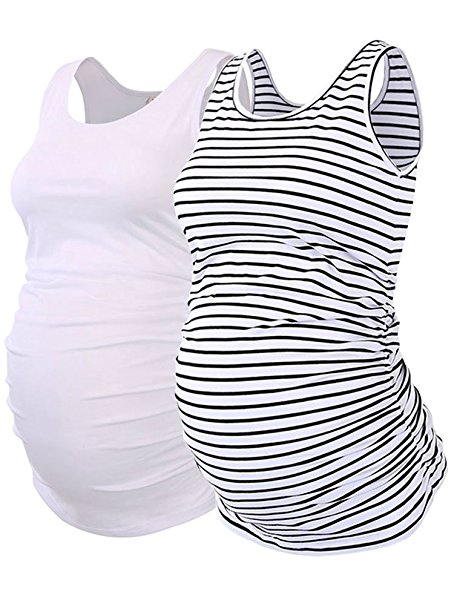 Jinson Mama Womens Basic Layering Maternity Tank Top Pregnancy Tee Scoop Neck Sleeveless Solid Side Ruched Vest