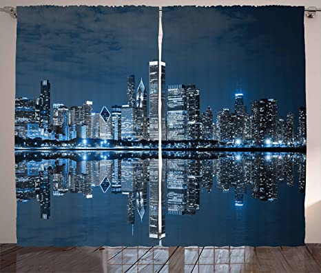 Ambesonne Chicago Skyline Curtains, Sleeping City Dramatic Urban Resting Popular American Lake Picture, Living Room Bedroom Window Drapes 2 Panel Set, 108" X 84", Night Blue