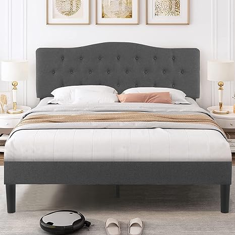 VECELO Full Size Bed Frame Upholstered Platform with Tufted Adjustable Headboard/Mattress Foundation with Wood Slat Support, Easy Assembly