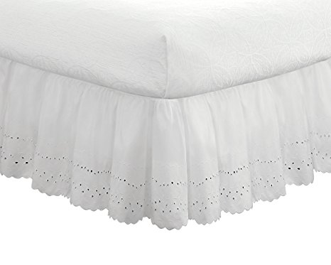 Eyelet Ruffled Bedskirt - Ruffled Bedding with Gathered Styling -14" Drop, Full, White