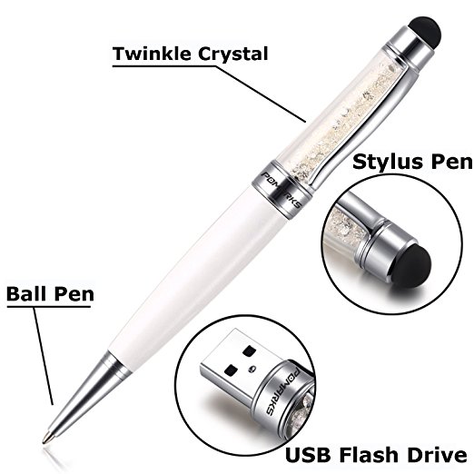 Crystalline Multi-function 32GB USB 2.0 Flash Memory Pen, Writing Stylus Pen with Build-In USB Flash Drive 32GB (White-Pen)
