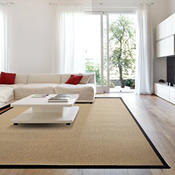 iCustomRug Zara Contemporary Synthetic Sisal Rug, Softer Than Natural Sisal Rug, Stain Resistant & Easy To Clean . Beautiful Border Rug in Black 5 Feet x 8 Feet (5' x 8')