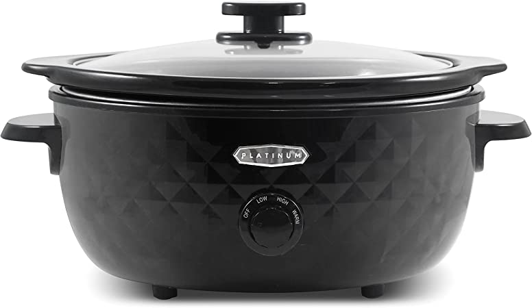 Elite Gourmet MST1234BX Diamond Pattern Slow Cooker Removable, Dishwasher-Safe Stoneware Pot with Tempered Glass Lid, Cool-Touch Handles, 6 Quart, Charcoal Black