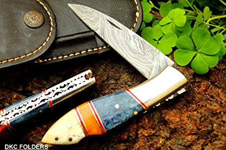 (18 5/18) SALE DKC-58 BLUE JAY Damascus Folding Pocket Knife 4.5" Folded 8" Long 3.24" Blade 7.5oz High Class Looks Incredible Feels Great In Your Hand And Pocket Hand Made DKC Knives