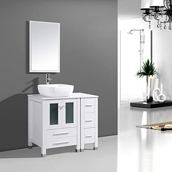 DodreHome 36" Modern Bathroom Vanity MDF Cabinet Combo with Ceramic Vessel Sink with Faucet and Pop Up Drain Set,Mirror Included,White Color
