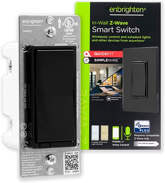 Enbrighten Z-Wave Plus Smart Light Switch with QuickFit and SimpleWire, Works with Alexa, Google Assistant, SmartThings, Wink, Zwave Hub Required, Repeater/Range Extender, 3-Way Ready, Black, 47189