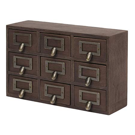 Kate and Laurel Desktop Solid Wood Apothecary Drawer Set, Includes 9 Drawers with Metal Label Holders, Rustic Brown Finish