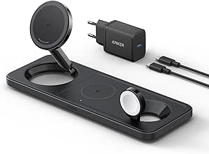 Anker Stazione di Ricarica Wireless 3-in-1 PieghevoleCaricatore Ultra-Rapido da 15W Certificato Qi2, Ideale per Serie iPhone 15/14/13/12, AirPods, Apple Watch Ultra (Caricatore e Cavo USB-C Inclusi)