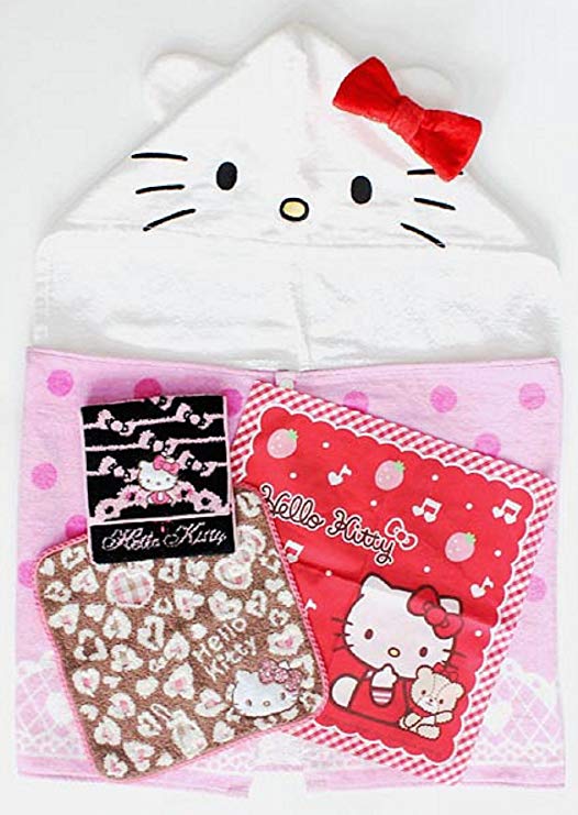 SANRIO Hello Kitty Towel Set (Hooded Towel,Wash Cloths、Handkerchief、Towel with Pocket)