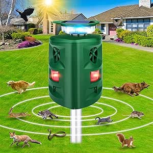 Solar Animal Repeller, 360°Ultrasonic Animal Repeller, Cat Repellent Outdoor, Dog Repellent, Motion Sensor & Flashing Light, Repel Dogs, Deer, Fox, Raccoon, Skunk, Rabbit, Squirrels, Coyote Deterrent