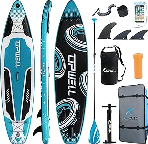 UPWELL 11'6"/11'2"/11'/10'6"/10'2"Inflatable Stand Up Paddle Board with sup Accessories Including Backpack, Repairing Kits, Non-Slip Deck, Leash, 3 Fins, Paddle and Hand Pump