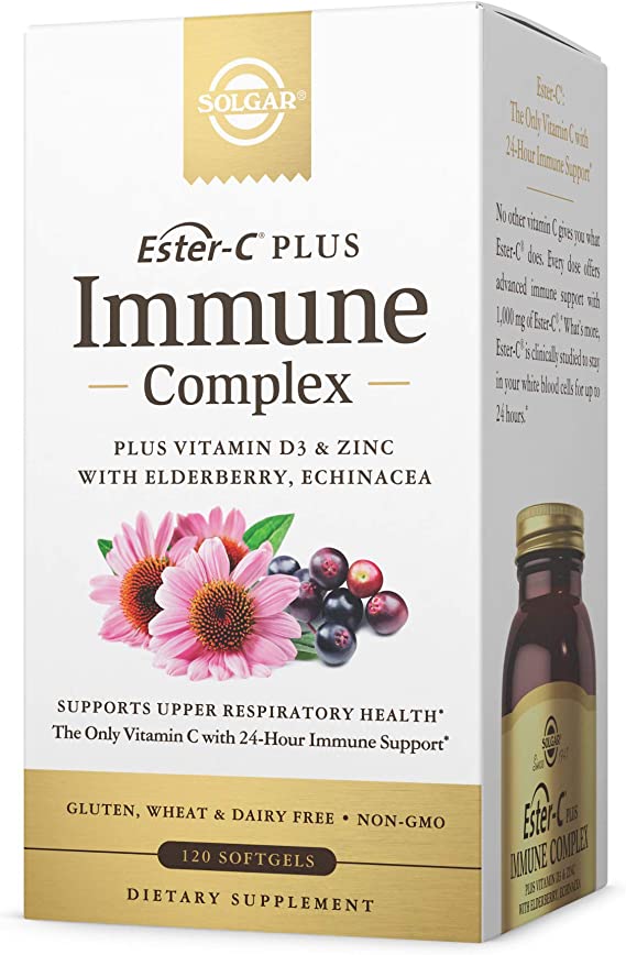 Solgar Ester-C Plus Immune Complex, 24-Hour Immune Support, Supports Upper Respiratory Health - Plus D3, Zinc, Elderberry & Echinacea - Non-GMO, Gluten Free, Dairy Free - 60 Servings, 120 Softgels