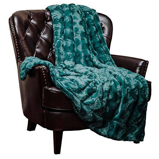 Chanasya Super Soft Warm Elegant Cozy Fuzzy Fur Fluffy Faux Fur with Sherpa Wave Shape Embossed Plush Evergreen Teal Microfiber Throw Blanket (60" x 70") - Solid Evergreen Teal