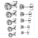 Jinique 316L Stainless Steel Round Clear Cubic Zirconia Stud Earring set 5 Pairs