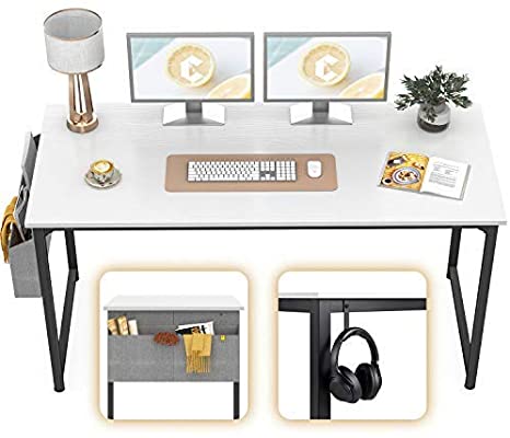 CubiCubi Computer Desk 63" Study Writing Table for Home Office, Modern Simple Style PC Desk, Black Metal Frame, White