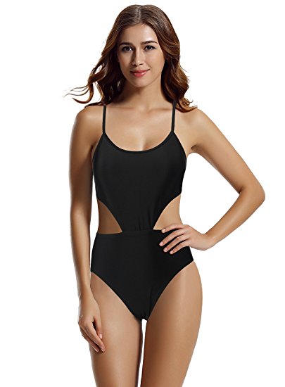 zeraca Women's Strappy Cross Back High Waisted One Piece Monokini Bathing Suit