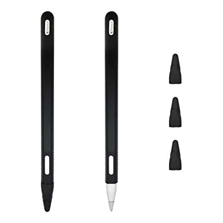 TechMatte Silicone Sleeve for Apple Pencil 2nd Generation (2-Pack) | Protective Soft Skin Cover w/Threaded Grip Design (2-Pack, 4 Removable Tips) | Black