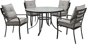 Hanover Lavallette 5-Piece Outdoor Dining Set for 4 with Counter-Height Swivel Chairs, UV Protected Cushions, 52'' Round Glass-Top Table, Silver Weather Resistant Patio Dining Set