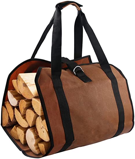 Firewood Log Carrier Bag, Waxed Canvas Log Tote Bag for Indoor Fireplace Log Holders with Handle Fire Wood Carriers for Outdoor Fire Pit Fireplace Tools Accessories Log Bag Hearth Stove Tools Bag