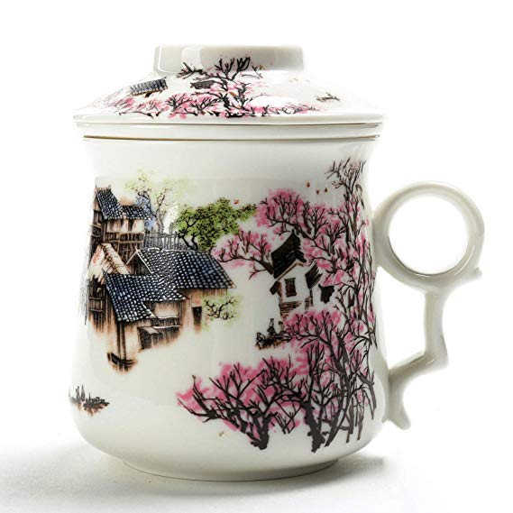 TEANAGOO M01-1Chinese Tea-Mug with Infuser and Lid, 13.7 OZ, Asian Village, Mom Women dad Porcelain Steel Filter,Cup Maker, Brewing Steep Strainer,Portable Adult White Loose Leaf