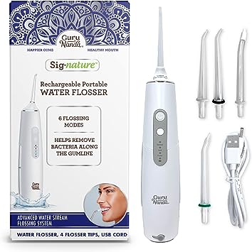 GuruNanda Cordless Water Flosser for Teeth, Gums & Braces - Portable & Rechargeable 280 ml Water Pick with 6 Flossing Modes, 4 Replaceable Tips & IPX7 Waterproof - Oral Irrigator for Home & Travel