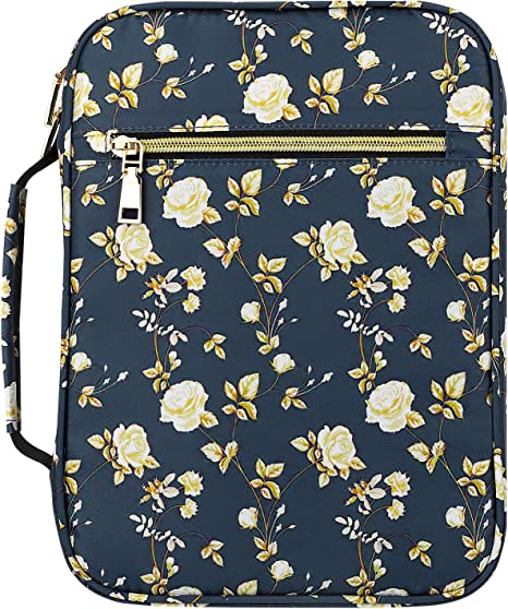 MoKo Bible Cover Case/Book Cover, Durable Zipper Bible Bag Carrying Case with Handle for Standard Size Bible for Women and Girls, Gift for Mom, 10 x 7.5 x 2.5 Inches, Blue Flowers