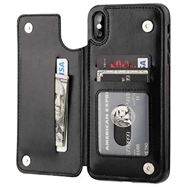 iPhone Xs Max Wallet Case with Card Holder,OT ONETOP Premium PU Leather Kickstand Card Slots Case,Double Magnetic Clasp and Durable Shockproof Cover 6.5 Inch(Black)