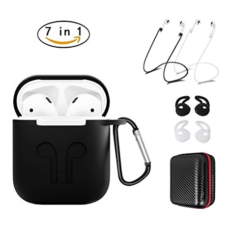 AirPods Case 7 In 1 Airpods Accessories Kits Protective Silicone Cover and Skin for Apple Airpods Charging Case with Airpods Ear Hook Airpods Staps/Airpods Clips/Skin/Tips/Grips Blue by Maxelf (Black)