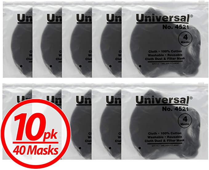 Universal 4521 Face Masks – 100% Cotton, Washable, Reusable Cloth Masks – Protection from Dust, Pollen, Pet Dander, Other Airborne Irritants (10 Packs = 40 masks)