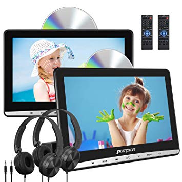 PUMPKIN 10.1” Dual Car Headrest DVD Players with 2 Free Headphones Support Suction Drive, Sync Screen, Region Free, Auto Resume, AV OUT/IN, USB/TF Playback