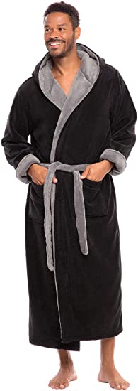 Alexander Del Rossa Men's Warm Fleece Robe with Hood, Big and Tall Contrast Bathrobe