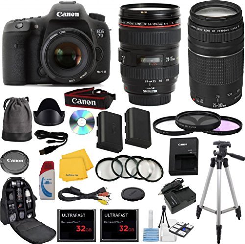 Canon EOS 7D Mark II Digital SLR Camera with EF 24-105mm f/4 L IS USM Lens Celltime Exclusive Bundle with EF 75-300mm f/4-5.6 III Telephoto Zoom Lens   High-Capacity Battery   3pc Filter Glass Kit   4pc Macro Lens Kit   2pcs 32GB Memory Cards   16pc Accessory Kit