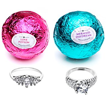 Mermaid Love Potion Bath Bombs Gift Set of 2 with Size 6 Ring Inside Each Made in USA