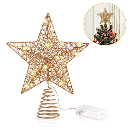 Unomor Christmas Star Tree Toppers, Gold Glittered Metal Hallow Design with 15 LED Lights (Batteries not Included)