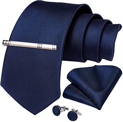 DiBanGu Men's Plain Tie Pocket Square Woven Necktie Silk Handkerchief Cufflink Clip Set Formal