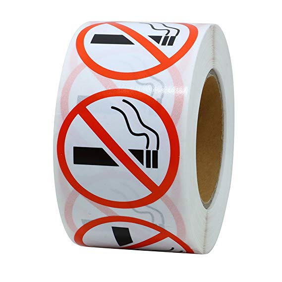 Hybsk No Smoking Logo Warning Stickers 1.5" Round 500 Total Per Roll