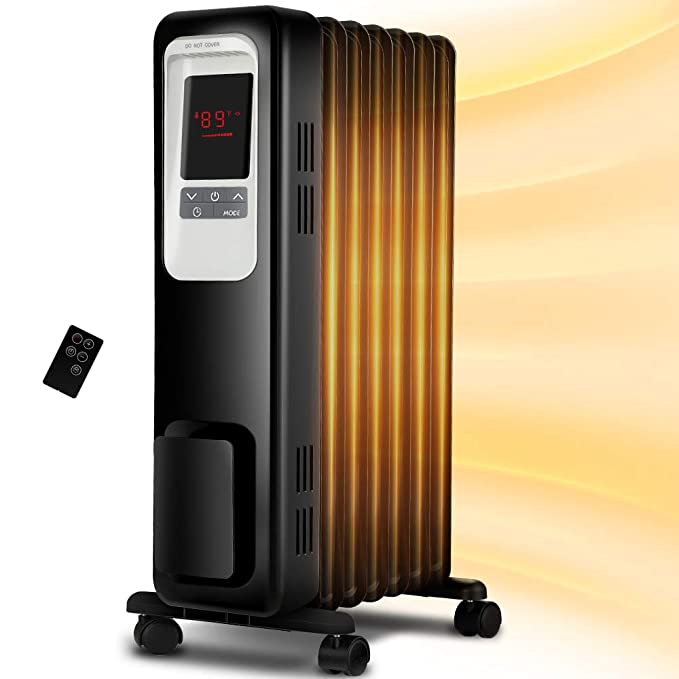 Aireplus Space Heater, 1500W Oil Filled Radiator Electric Heater with Digital Adjustable Thermostat, 24 Hrs Timer & Remote, Portable Oil Heater with Tip Over & Overheat Protection for Full Room Indoor