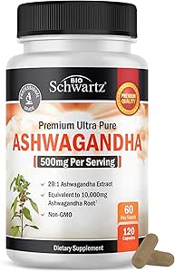 Ashwagandha Supplements - Extra Strength Ashwagandha Capsules with 500mg 20 to 1 Root Extract Equivalent to 10,000mg Ashwaganda Powder - Stress Relief Supplement - Vegan Safe, Non-GMO, 60 Servings