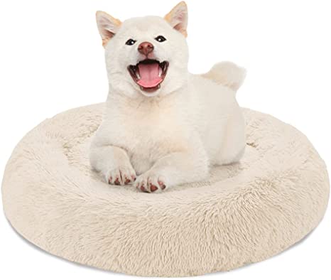 downluxe Small Dog Bed for Dogs and Cats, Fuzzy and Soft Calming Dog Bed, Fluffy Round Pet Bed with Non-Slip Bottom (23" Beige)
