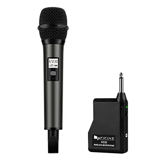 Fifine Wireless Microphone System with Portable Receiver 1/4'' Output, Selectable UHF Channels. Perfect for Church, Wedding, Karaoke (K035B)
