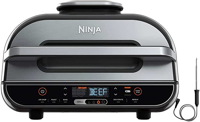 Ninja BG550CO Foodi Smart XL 6-in-1 Indoor Grill with Air Fry, Roast, Bake, Reheat & Dehydrate, Smart Thermometer, Black/Silver