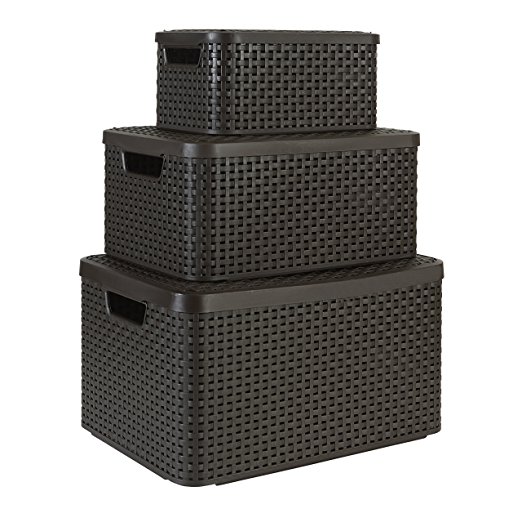 Curver by Keter Style Baskets Set of 3 Rectangular Resin Wicker Storage Containers with Lids - Small, Medium and Large in Brown