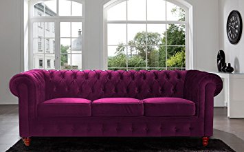 Divano Roma Furniture Velvet Scroll Arm Tufted Button Chesterfield Style Sofa, Purple