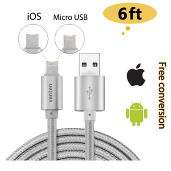 Vanten 6ft USB 2.0 A Male to Reversible Micro USB Cable and Lightning Cord 2 in 1 High Speed Data Sync Cable Both for Micro USB and Lightning Devices (6ft 1 pack)