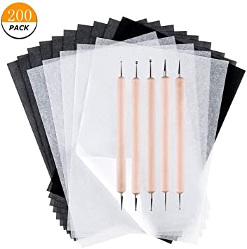 200 Sheets Black and White Carbon Paper Graphite Paper Black Carbon Transfer (8.5 x 11.5 inch) Tracing Paper with 5 PCS Embossing Styluses Stylus Dotting Tools for Wood, Paper, Canvas