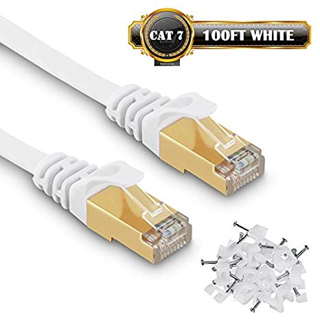 Cat 7 Ethernet Cable 100 ft - 10GB fastest Shielded RJ45 Computer Internet Network Cable - Flat Patch Cable for Modem Router LAN (White 100 ft)