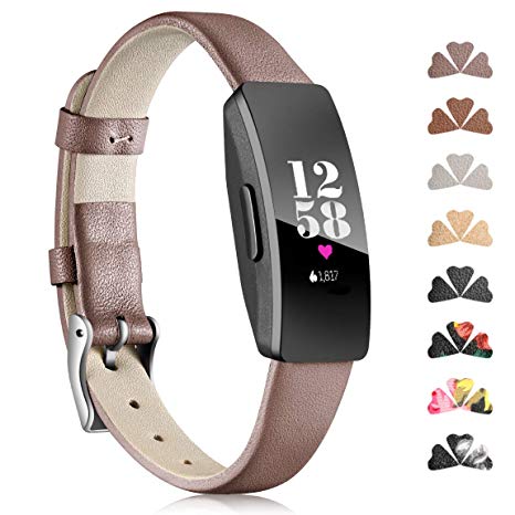 Maledan Band Compatible with Fitbit Inspire HR and Inspire Bands and Ace 2, Classic Genuine Leather Wristband with Metal Connectors Soft Replacement Accessories Strap for Women Men, Small Large