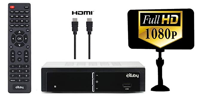 Exuby Digital Converter Box for TV w/ Antenna and HDMI Cable for Recording and Viewing Full HD Digital Channels (Instant or Scheduled Recording, 1080P HDTV, HDMI Output, 7 Day Program Guide)