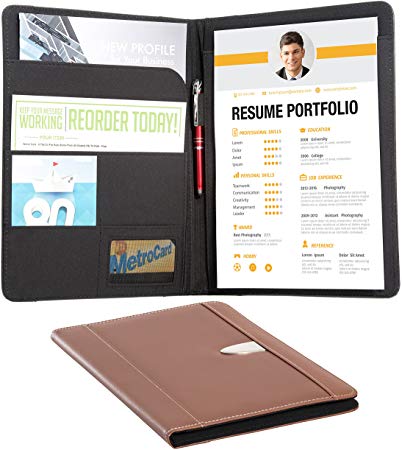Resume Portfolio Padfolio Genuine Bonded Leather Portfolio with Replaceable A4 Letter Size Writing Pad, Document Holder, Card Holder and Pen Holder by eFolio, Brown