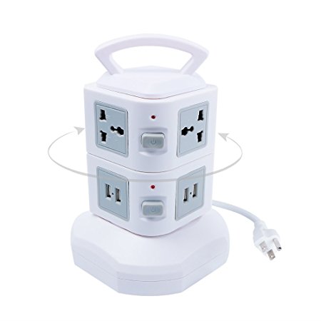 Power Adapter with Individual Switches and Surge Protector, 6 Outlets, 4 USB Charging Ports, 6.5Ft Cord Tower Power Strip